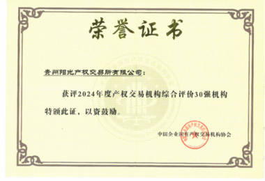 喜訊！貴州陽光產(chǎn)權(quán)交易所獲得2024年度全國產(chǎn)權(quán)交易機構(gòu)2項30強榮譽